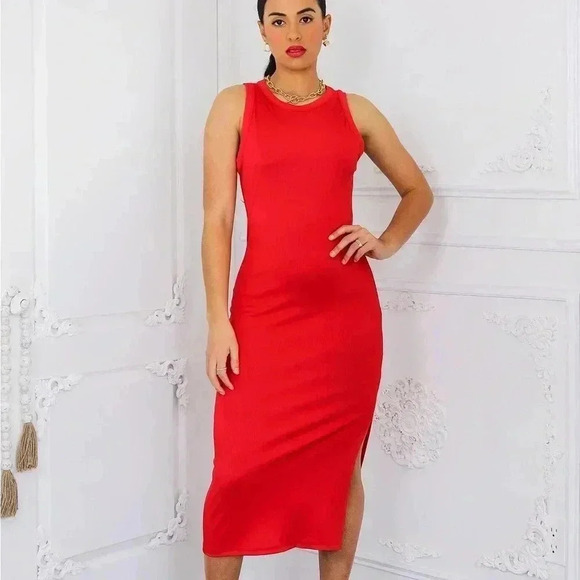 Red side slit midi dress - Picture 3 of 7
